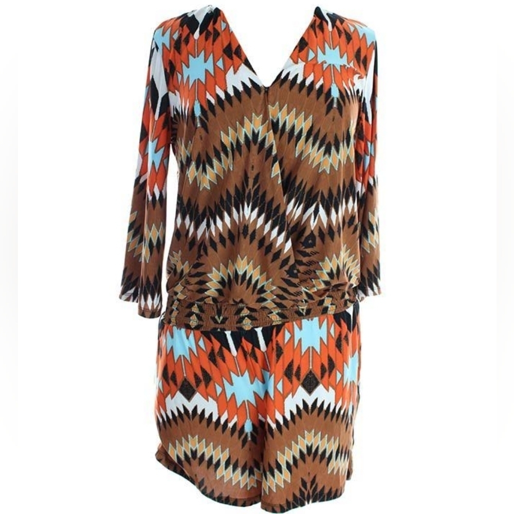 NWT INC International Concepts Orange Tribal Aztec Print Romper Long Sleeve